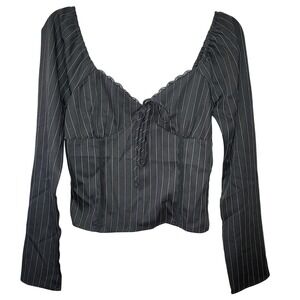 Pie In The Sky Pinstripe Cropped Top M Grey Long Sleeve Smocked Lace Trim